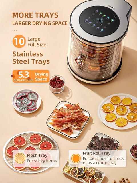 No Fuss Big Batch Stainless Steel Food Dehydrator With 10 Removable Racks showing drying fruits and meats on trays.