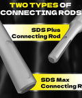 Front view of two gray metal SDS Plus and SDS Max connecting rods for drills.