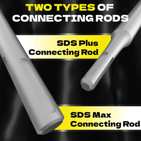 Front view of two gray metal SDS Plus and SDS Max connecting rods for drills.
