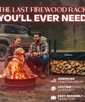 Camping scene with couple, dog, fire pit next to Built Tough Indoor Outdoor Firewood Rack Set, Heavy Duty Steel Log Storage Holder