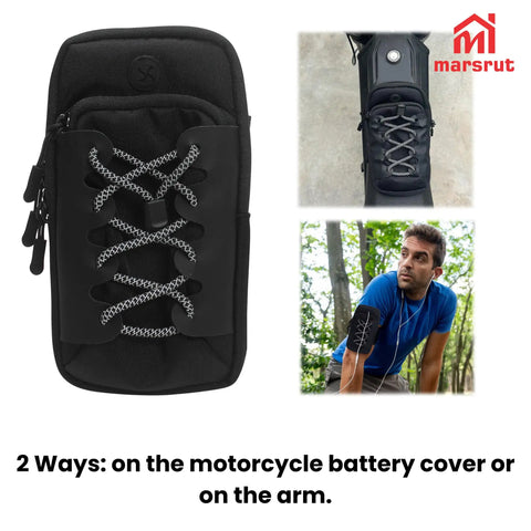 Ride Ready Front Battery Frame Cover Storage Bag for Electric Dirt Bikes and Ebikes with elastic strap on battery cover and man using it on arm.