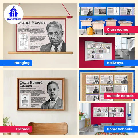 Eight Black History Inventors Posters Set for Classrooms 12 X 18 Inches Each Made in USA, displayed in various classroom settings.
