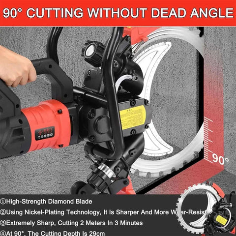 No Sweat Heavy Lifting Electric Ring Saw For Concrete Walls Featuring Slick Wet Cooling Dust Control and Smooth Precision Grooving Across Reinforced Masonry Construction Tasks, detailed view of diamond blade and motor.