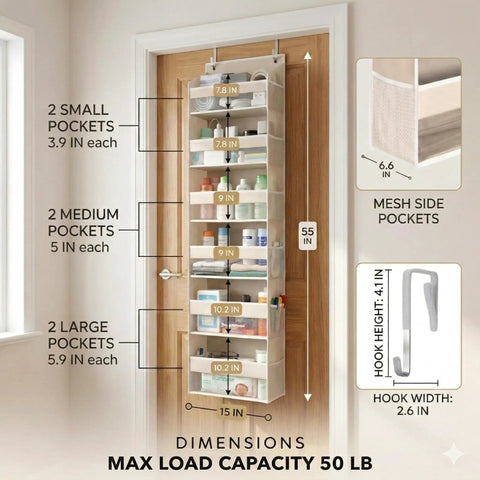Premium Six Tier Over The Door Shoe Organizer In Durable Soft Ivory Fabric For Closets And Entryways dimensions and design features
