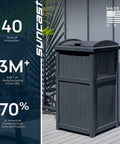 Hideaway Outdoor Trash Can With Lid, Resin Waste Container for Patio Garden Deck, concealed garbage bin shown on a deck.