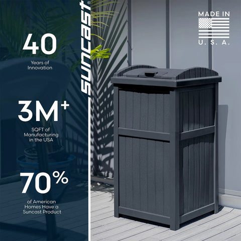 Hideaway Outdoor Trash Can With Lid, Resin Waste Container for Patio Garden Deck, concealed garbage bin shown on a deck.