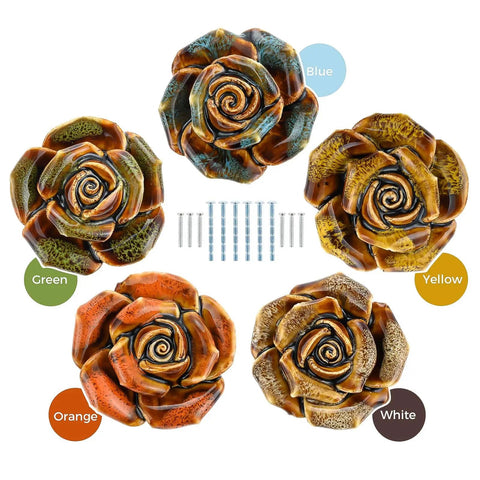 6 Pack Vintage Ceramic Cabinet Knobs Rose Flower Drawer Pulls For Furniture Kitchen Dresser Closet With Screws Orange Antique Cupboard Handles DIY