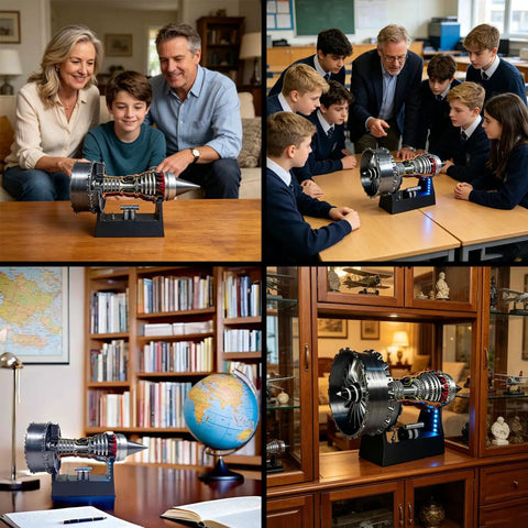 Realistic Turbojet Engine Model With Adjustable Speed And LED Lights Educational Aerospace Toy on desk with books and globe