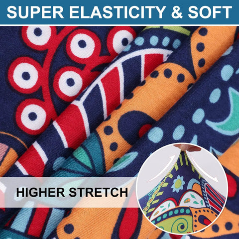 Close-up of colorful soft fabric texture with 'Super Elasticity & Soft' and 'Higher Stretch' for Cozy Ultra Stretch Sofa Cushion Covers For Indoor Outdoor Use.