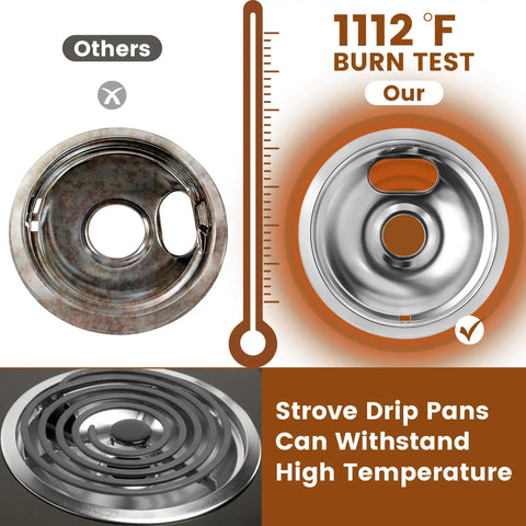 Comparison of old vs new 4 Pack Chrome Drip Pans For Electric Stoves With Locking Slots showing heat resistance, burn test 1112°F.