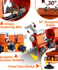 Image showing 2025 Upgraded Chainsaw Sharpener Kit With Hand Crank Sharpening Jig, Tungsten Carbide Bits, orange color, and alignment details.
