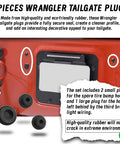 Solid Set Of Three Durable Rubber Tailgate Plugs And One Rear License Plate Mount Built For Jeep Wrangler To Block Out Grime And Rain While Adding A Slick Edge To Your Daily Rig. Jeep tailgate area showing three rubber plugs.