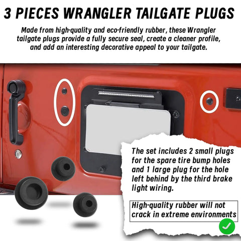 Solid Set Of Three Durable Rubber Tailgate Plugs And One Rear License Plate Mount Built For Jeep Wrangler To Block Out Grime And Rain While Adding A Slick Edge To Your Daily Rig. Jeep tailgate area showing three rubber plugs.