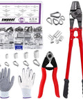 123 Piece Wire Rope Hand Swager Crimping Tool Kit With 24 Inch Cable Cutter Aluminum Loop Sleeves Aircraft Grade Rope Thimbles 304 Stainless Thimbles Protective Gloves And More For DIY Rigging displayed with tools and accessories