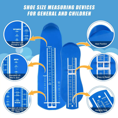 Two Pack Foot Measurement Kit For Accurate US Shoe Size Men Women Blue Includes Tape Measure Ring Sizer Small Ruler And Easy To Read Foot Sizer For Home Use Family Friendly Sizing. blue ABS PVC foot size measuring device for men, women and kids, heel position
