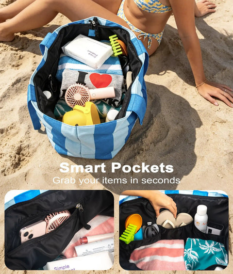 Waterproof Sandproof Beach Tote For Women With Zipper XL Large Blue Bag Ultra Lightweight Under 1 Pound 50L Capacity