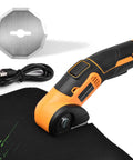 Jomeda Cordless Electric Scissors With Rechargeable Led Light And Safety Lock 4V Rotary Cutter For Fabric Cardboard Leather Carpet Pvc Boxes High Speed 400Rpm Cutting Tools Yellow with USB cable and blade.