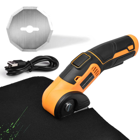 Jomeda Cordless Electric Scissors With Rechargeable Led Light And Safety Lock 4V Rotary Cutter For Fabric Cardboard Leather Carpet Pvc Boxes High Speed 400Rpm Cutting Tools Yellow with USB cable and blade.