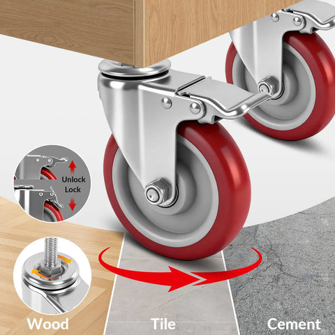 Heavy Duty 5 Inch Locking Swivel Caster Wheels For Furniture With Threaded Stem And Surefire Side Brake on wood and tile floors.