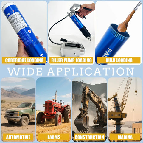 PAIGOIN blue grease gun kit with pistol grip, 19-28in hoses, 8000 PSI, with assorted tips and adapters.