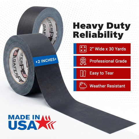 Two black 2-inch gaffer tape rolls (30 yards) with blue 2 INCHES label; non-reflective, heavy-duty.