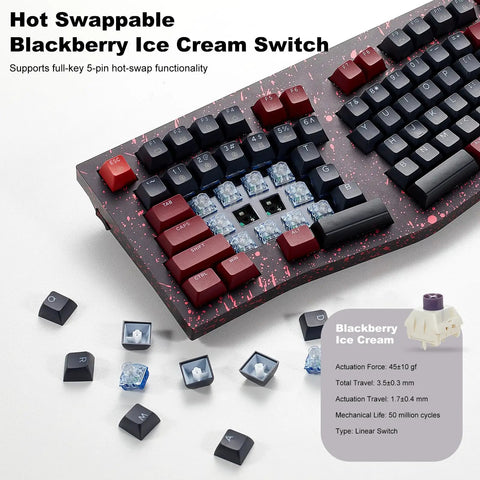 Slick Aluminum Mechanical Keyboard Boasting Ergonomic Split Alice Layout with Hot Swappable Blackberry Ice Cream Switches.