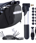 All In One Bike Repair Kit With Saddle Bag Tire Tool Mini Pump Multitool For Road Mountain MTB Bikes Adult Cyclists Ready To Fix Flats On The Go Great For Weekend Warriors And Casual Commuters showing black saddle bag, mini pump, tire patches, and multitool.