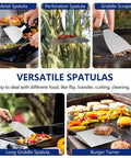 18-piece griddle tool set collage with stainless steel spatulas and scraper.