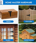 Composite image of 6 Inch T Strap Heavy Duty Shed Door Hinges used on a wooden cabinet, fence gate, window, and animal shelter