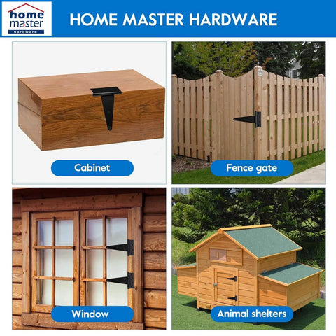 Composite image of 6 Inch T Strap Heavy Duty Shed Door Hinges used on a wooden cabinet, fence gate, window, and animal shelter