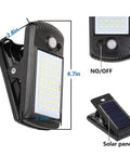4 Pack Solar Motion Sensor Clip Lights With 40 LEDs, Waterproof Outdoor Security Fence Lights showing dimensions and solar panels