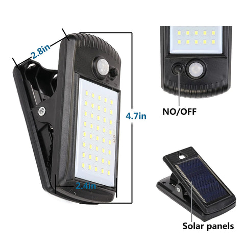 4 Pack Solar Motion Sensor Clip Lights With 40 LEDs, Waterproof Outdoor Security Fence Lights showing dimensions and solar panels