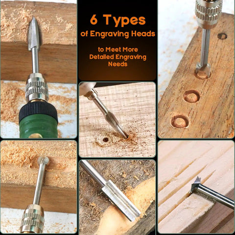 Heavy Duty Wood Carving Drill Bits Set With Rotary Tool Compatibility Six Piece Engraving Kit for detailed wood engraving heads.