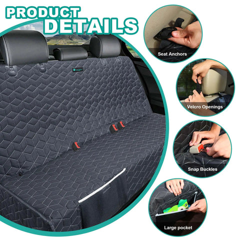 Image showing Waterproof Dog Car Seat Cover For Back Seat In Trucks Nonslip Bench Protector For Cars Fits Ford F Series Ram 1500 with seat anchors, velcro openings, snap buckles, and large pocket details.