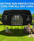 12 Ft Round Trampoline Tent Cover with LED lights in a garden, family enjoying picnic, fits 12 ft frames with 8 curved poles.