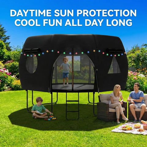 12 Ft Round Trampoline Tent Cover with LED lights in a garden, family enjoying picnic, fits 12 ft frames with 8 curved poles.