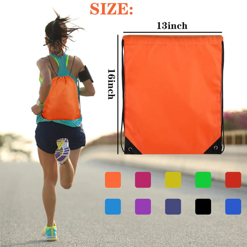 10 Color Drawstring Backpack For Gym And Travel, lightweight orange polyester sack pack with reinforced PU corners.