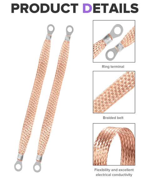 Heavy Duty 6 Pack Copper Braided Automotive Ground Straps With Terminal Plugs, showcasing braided design and ring terminals for flexibility and conductivity.