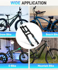 Air Suspension Fork For 20 Inch Fat Tire Mountain Snow Beach E Bike With 180mm Travel And 135mm Spacing 9mm QR Straight Tube MTB Manual Lockout Fits Most 4.0 Fat Tires displayed on various bike types: snow bike, beach bike, e-bike, mountain bike.