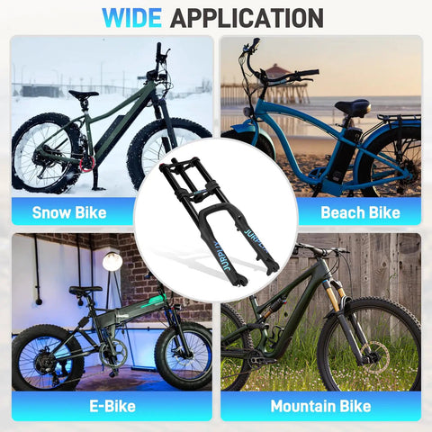 Air Suspension Fork For 20 Inch Fat Tire Mountain Snow Beach E Bike With 180mm Travel And 135mm Spacing 9mm QR Straight Tube MTB Manual Lockout Fits Most 4.0 Fat Tires displayed on various bike types: snow bike, beach bike, e-bike, mountain bike.