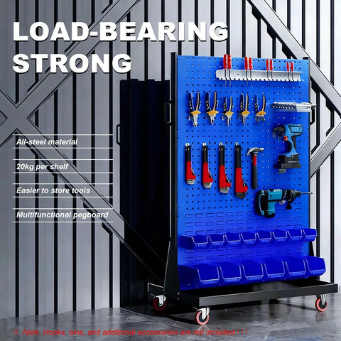 Beefy 2 Tier Mobile Steel Workshop Shelving Unit With Wheels And Handle For Tools And Hardware Storage Built From Industrial Grade Powder Coated Steel Each Shelf Holds Up To 20 Kg Great For Garage Or Home Shop Hooks And Bins Not Included with blue pegboard and tools displayed.