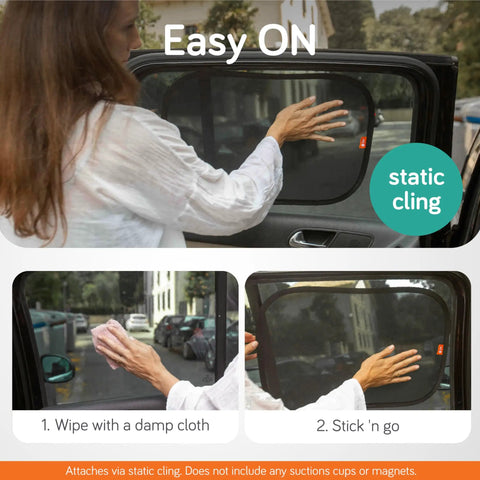 Person applying 2 Pack Car Window Sun Shades For Kids, UPF 50+ UV Block, 14.2 By 21.3 Inches, Static Cling Privacy Covers on car window