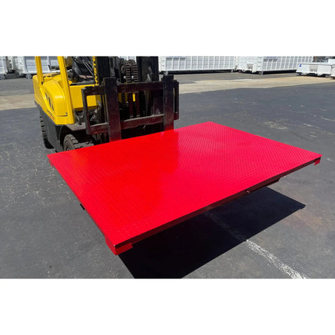 Killer Precision Industrial Floor Scale With Bright Digital Indicator and Rock Solid 36 By 36 Inches Platform being lifted by a forklift.