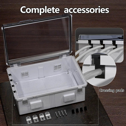 Hella Tough ABS Electrical Junction Box With Ventilated Channels And Cable Grommets Straight Up IP65 Weatherproof Enclosure complete with accessories.