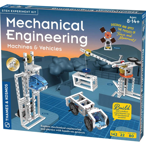 Kids Mechanical Engineering Kit Build 20 Mechanical Models And Vehicles Learn Force And Motion box showing models of crane and car