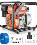 Heavy Duty Gas Powered Water Pump 2 Inch 142 GPM 7HP Portable Semi Trash Pump with aluminum body and accessories.