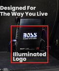 R1100M Monoblock Car Amplifier with 1100 Max Watts at 2 Ohms, shown installed with illuminated logo.