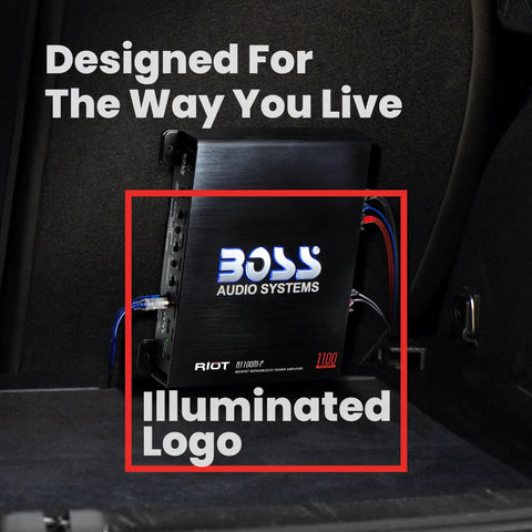 R1100M Monoblock Car Amplifier with 1100 Max Watts at 2 Ohms, shown installed with illuminated logo.