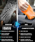 Comparison of car interior duster versus gel; duster features microfiber chenille head, gel shown on car vent; Car Interior Duster For Quick Cleanups In The Glovebox Lint Free Scratch Free Dashboards And Surfaces Great For Women And Men On The Go Designed To Fit In Any Glovebox Safe On Surfaces No Lint Left Behind Easy Grip And Travel Friendly; benefits include washability and compactness.