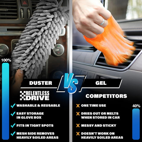 Comparison of car interior duster versus gel; duster features microfiber chenille head, gel shown on car vent; Car Interior Duster For Quick Cleanups In The Glovebox Lint Free Scratch Free Dashboards And Surfaces Great For Women And Men On The Go Designed To Fit In Any Glovebox Safe On Surfaces No Lint Left Behind Easy Grip And Travel Friendly; benefits include washability and compactness.